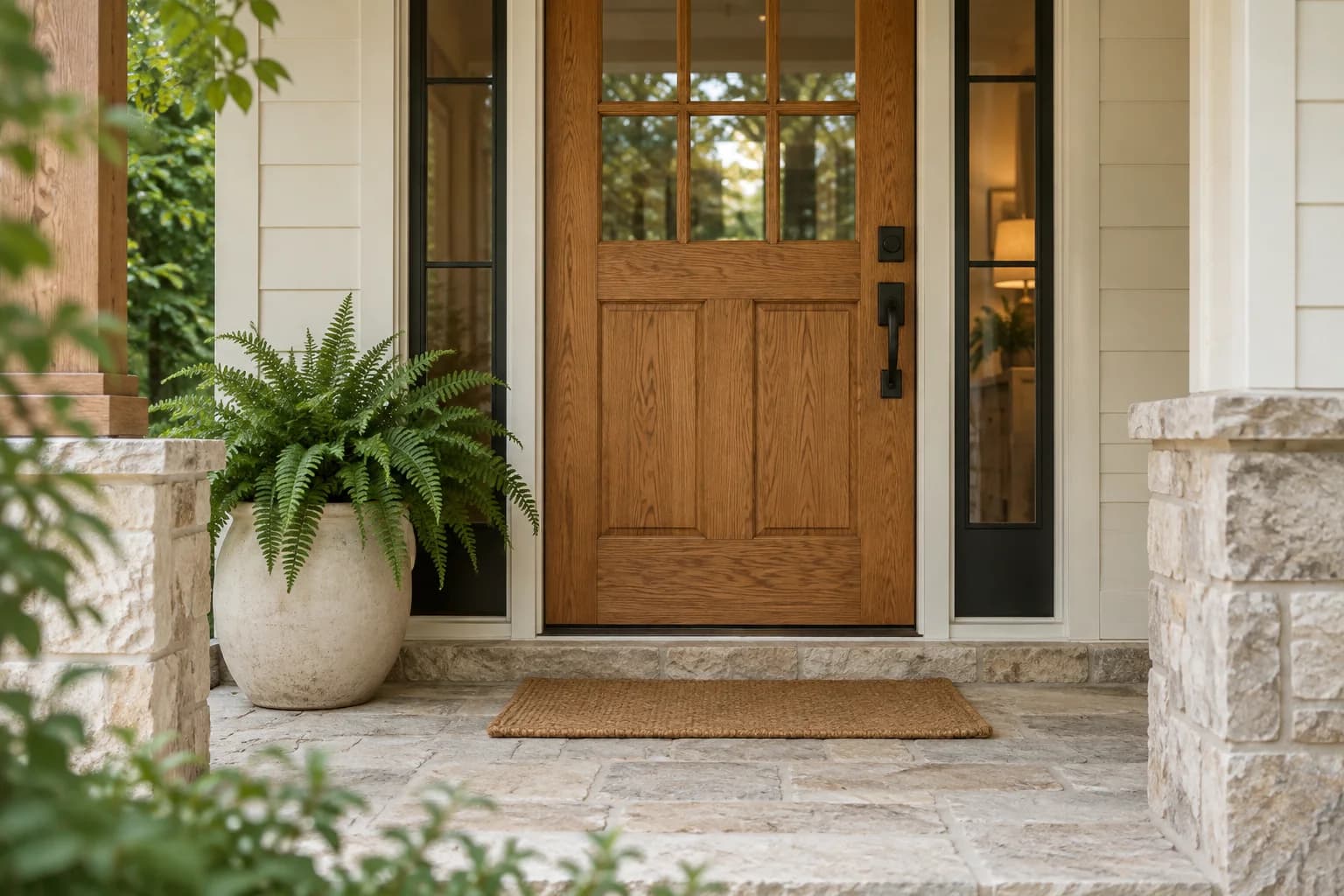Illustrative lake-home entry with a wooden front door, stone porch, and fresh greenery