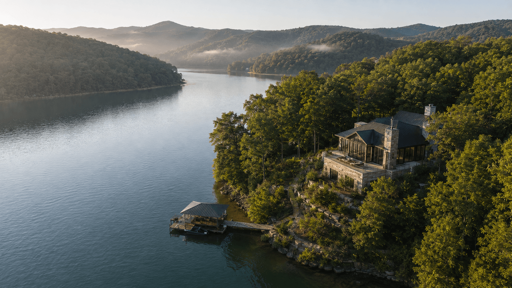 A luxury lake home overlooking a quiet Norris Lake cove
